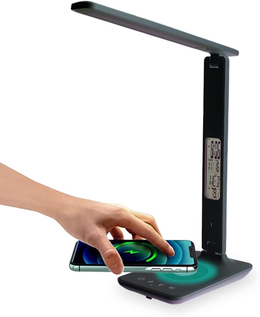 JAYZEE Desk lamp with 5W Wireless Charger, USB Charging Port, Desk Lamps for Home Office, Table Lamp with Clock, Alarm, Date, Temperature, with 3 Color Mode, 4 Brightness Mode (Bla