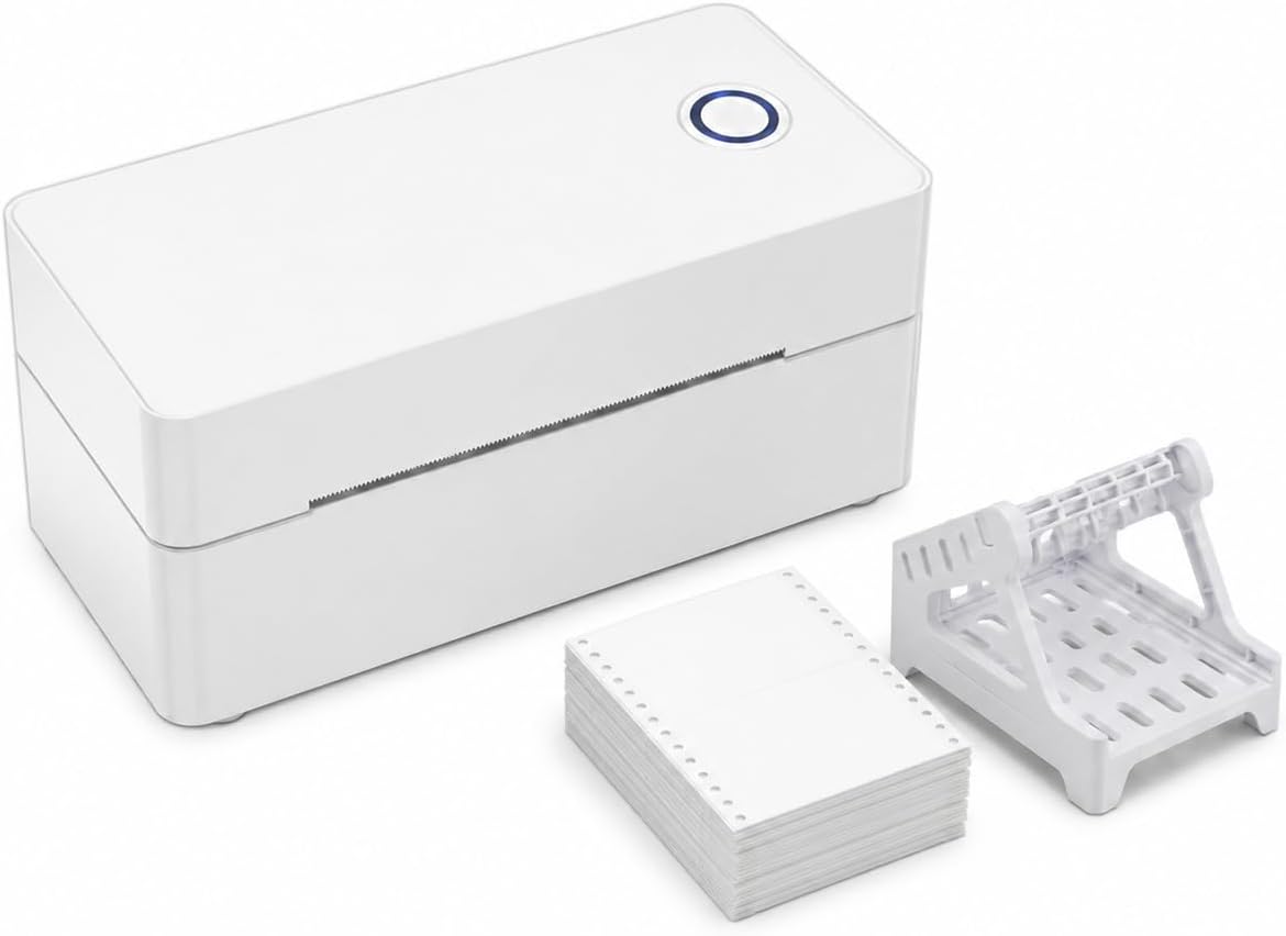 Thermal Shipping Label Printer Starter Kit, Complete with a Desktop Label Stand and 50 Fan fold 4x6 Thermal Labels. Bluetooth & USB CONNECTIVITY. 203dpi(White).