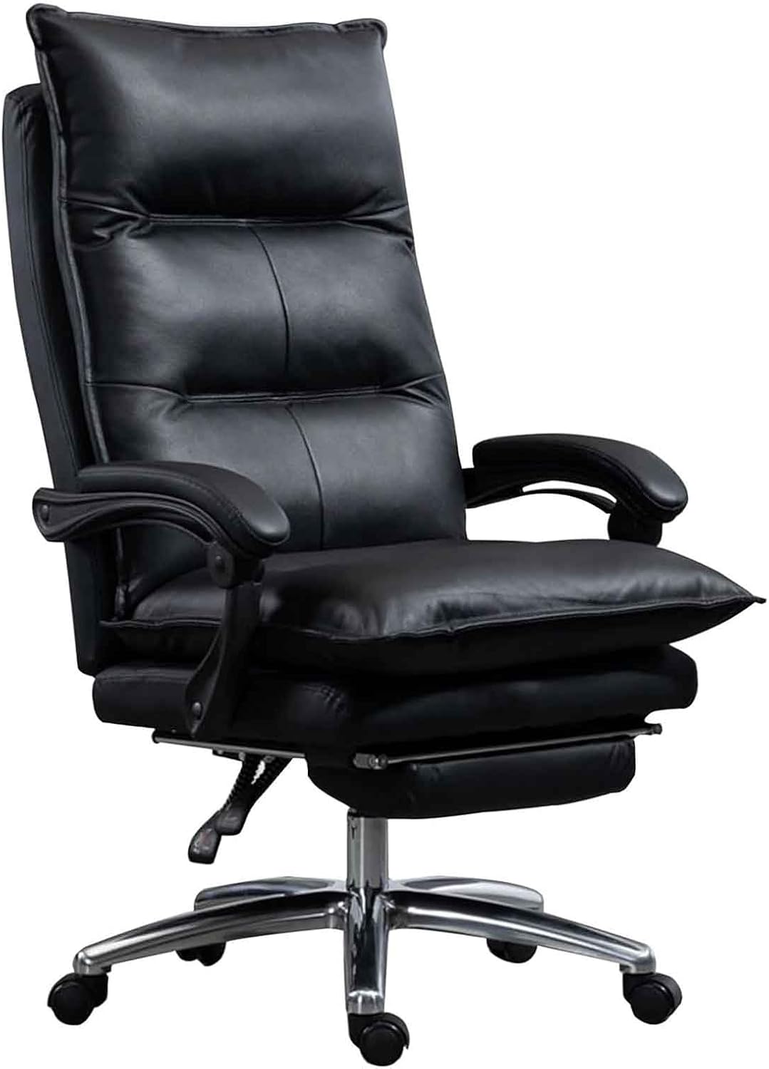 Genuine Leather Office Chair w/Retractable Footrest Ergonomic Fully Reclining Executive Computer Chair Comfort High-Back Swivel Boss Task Chair, Black