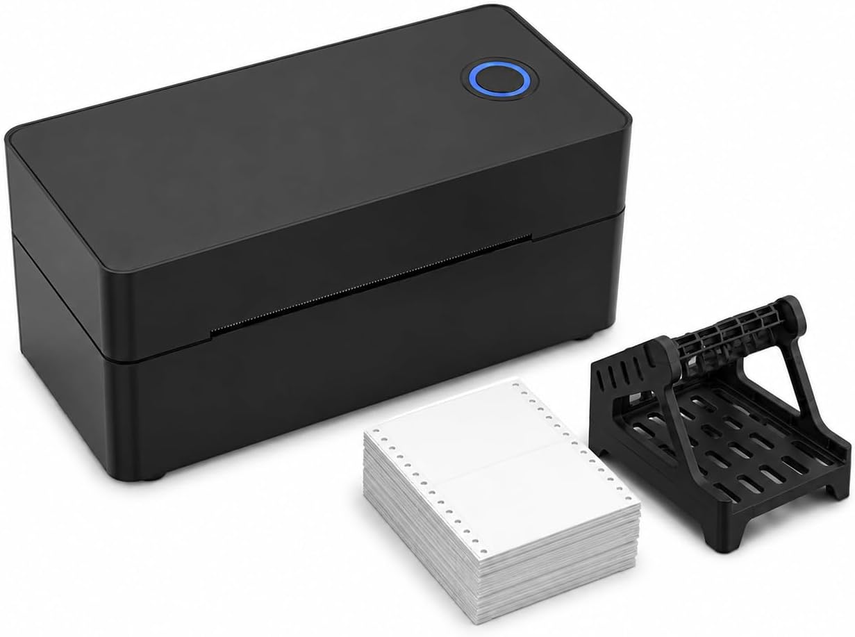 Thermal Shipping Label Printer Starter Kit, Complete with a Desktop Label Stand and 50 Fan fold 4x6 Thermal Labels. Bluetooth & USB CONNECTIVITY. 203dpi(Black)