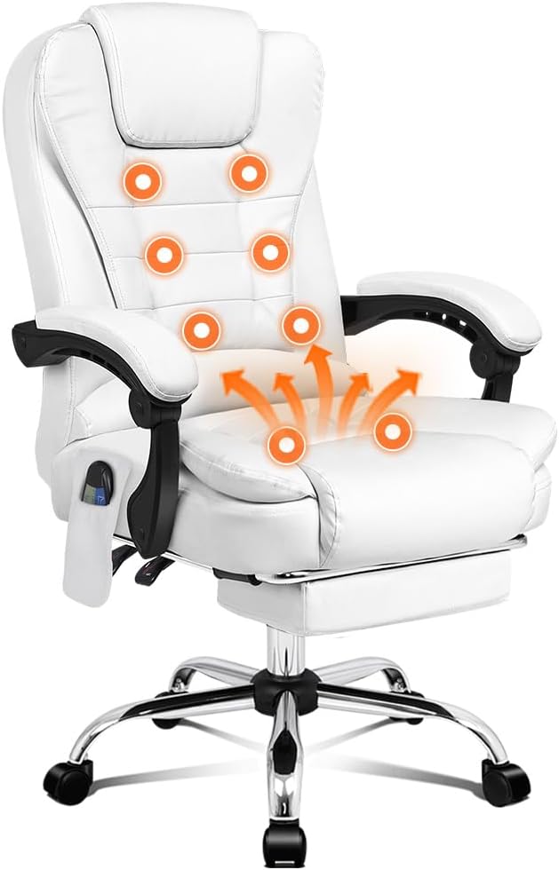 ALFORDSON Ergonomic Office Chair with 150° Recline & Footrest, Computer Desk Chairss with Massage & Heated Seat, Executive Swivel Leather Video Game Chair, Max 180kg (Dale White)