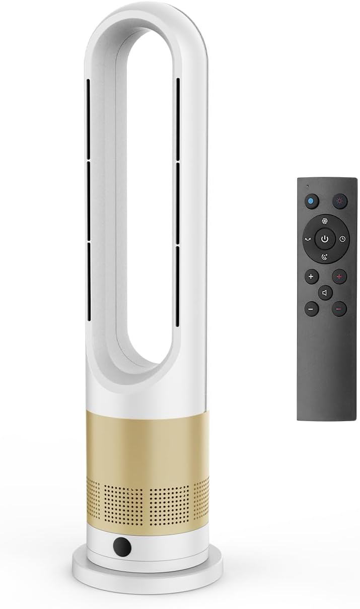 3 in 1 Bladeless Tower Fan Heater, 26.5 Inch Heating & Cooling Combo Fan, 8 Speeds & 9H Timer, 80° Oscillating Quiet Portable Fan for Indoor, Bedroom, Home Office Room (Gold&White)