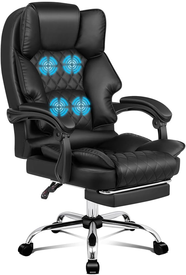 ALFORDSON Black Ergonomic Office Chair with Massage, 150° Recline and 360° Swivel, PU Leather Gaming Executive Computer Racer with High Backest Footrest, Home Office Chair Adjustab