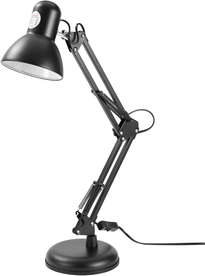 LED Desk Lamp, KATSU E27 Bulb Socket Classical Clamp on Adjustable Swing Arm Table Lamp, Flexible Desk Light for Bedside Office Table Reading Working Crafts Painting and More, Blac