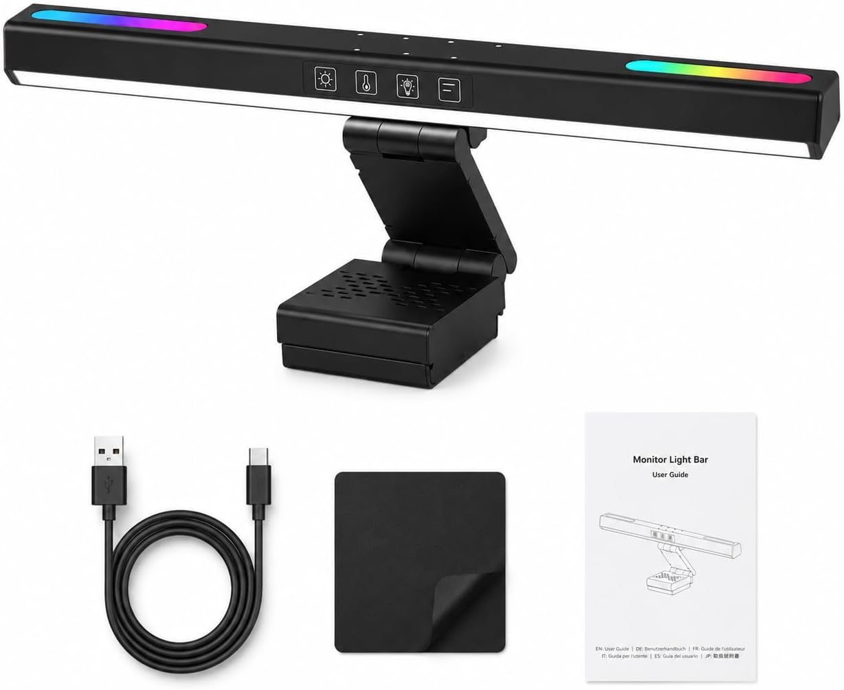 40cm Monitor Light Bar with 7-Colour RGB Backlight & 60-Min Timer, USB-C Powered Screen Lamp, 3000-6500K, Stepless Brightness, Touch Control for Flat Monitors up to 0.5in