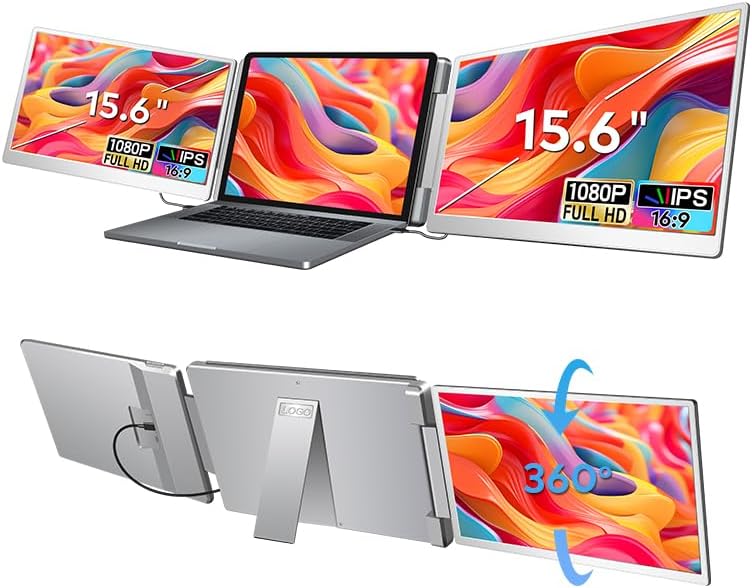 Trion 15.6-Inch Portable Monitor Screen Extender for Laptop, 360° Rotation 1080P IPS FHD Dual Display, Foldable Travel Workstation, USB-C HDMI Plug & Play, Grey, 1 Year