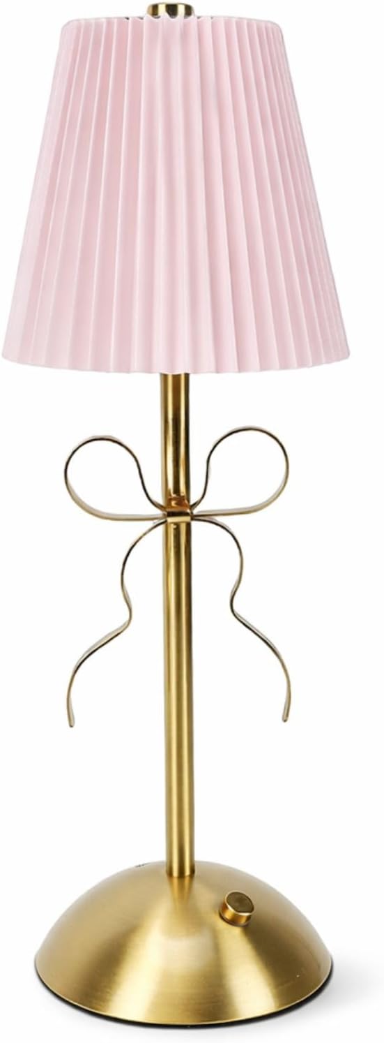 SENECESLI Cordless Table Lamp, 1800mAh Battery Operated Desk Bow Lamp with Fabric Shade for Home Decor, Night Light Rechargeable (Pink)