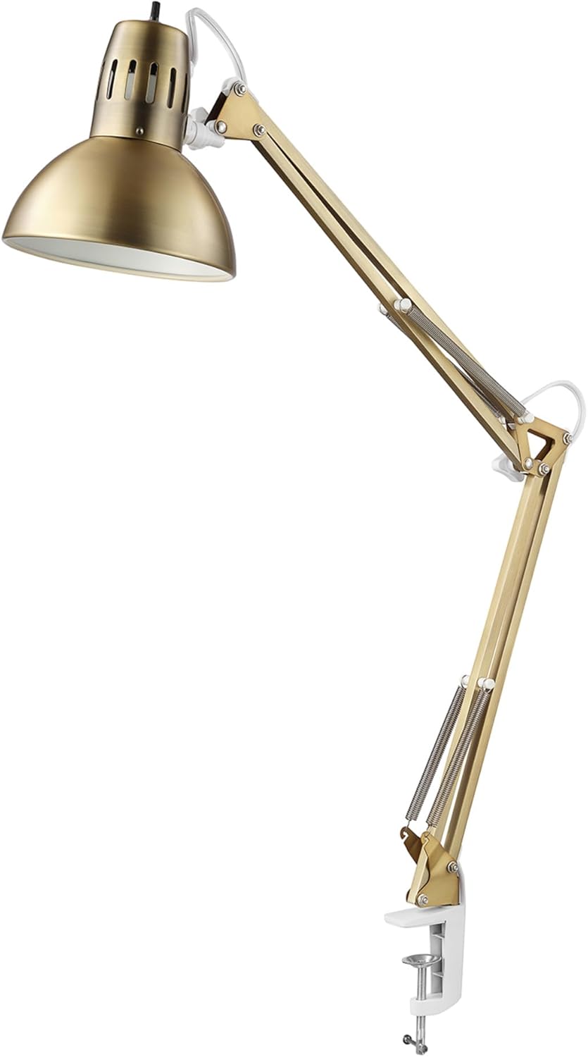 Globe Electric 62000010 32" Multi-Joint Desk Lamp with Metal Clamp, Matte Brass, White Accents, On/Off Rotary Switch on Shade, Partially Adjustable Swing Arm, Home Décor, Office Ac