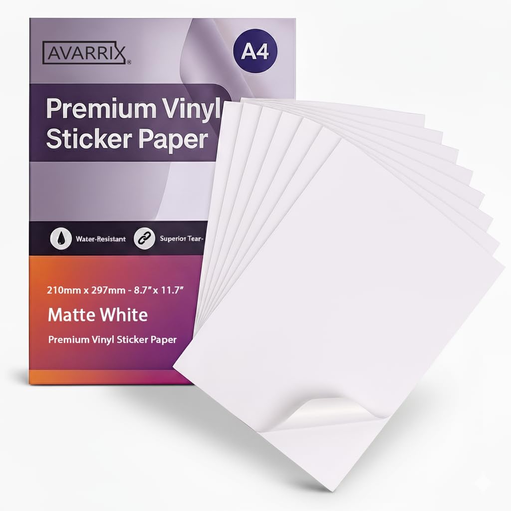 Avarrix Printable Matte Vinyl Sticker Paper A4, 50 Sheets, Waterproof Self-Adhesive Vinyl Labels for Inkjet & Laser Printers, Tear Resistant, Cricut Compatible