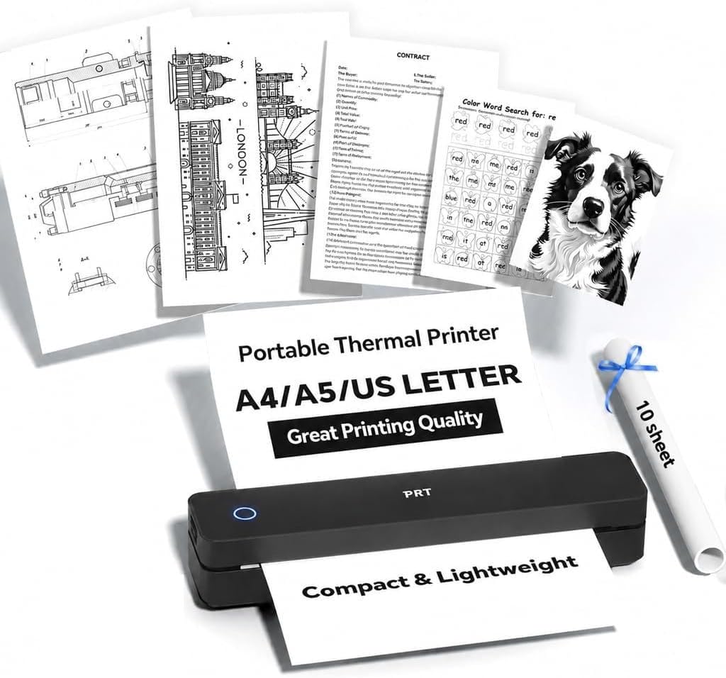 PRT Thermal Printer, Portable Inkless Small Wireless Printer, Support 8.5" X 11" US Letter, A4, Compatible with Phone, Laptop for Office, Vehicles, Travel, Home Use, 300PDI, Black