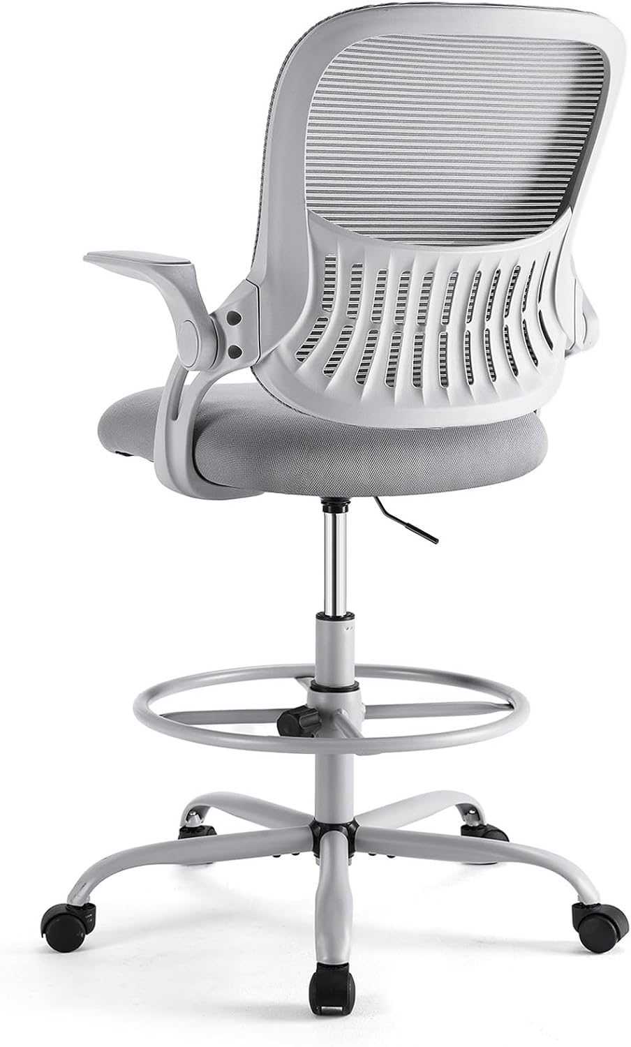 Sweetcrispy Tall Drafting Desk Chair - Ergonomic High Stool Computer with Adjustable Height and Comfy Lumbar Support, Office Rolling Counter for Standing Desk with Flip-up Arm and