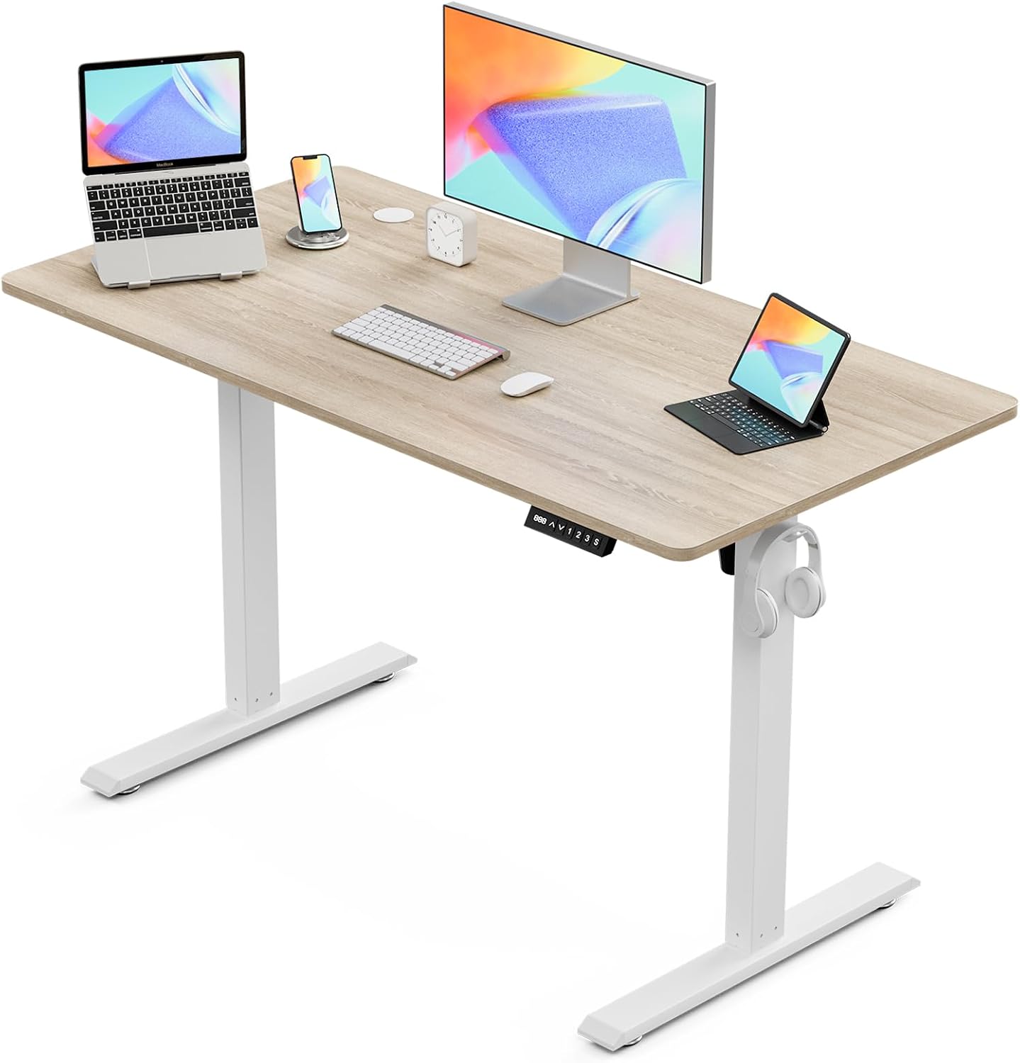 Electric Standing Desk, Height Adjustable Sit Stand Desk with Hooks for Home Office, Metal Frame Stand up Desk with Powerful Motor, Ergonomic Computer Desk for Home Office 100×55CM
