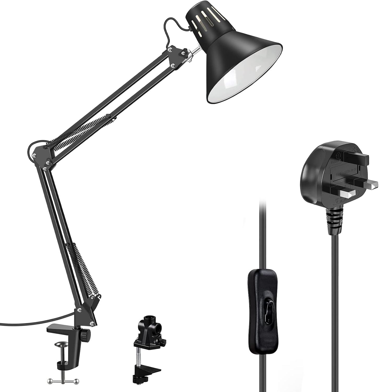 Milpoel Desk Lamp, Metal Swing Arm Table Lamp, Clip on Light, E27 Lamp Holder, Classical Swing Arm Architect Lamp, Adjustable Desk Light for Office, Reading, Bedroom, Crafts, Black