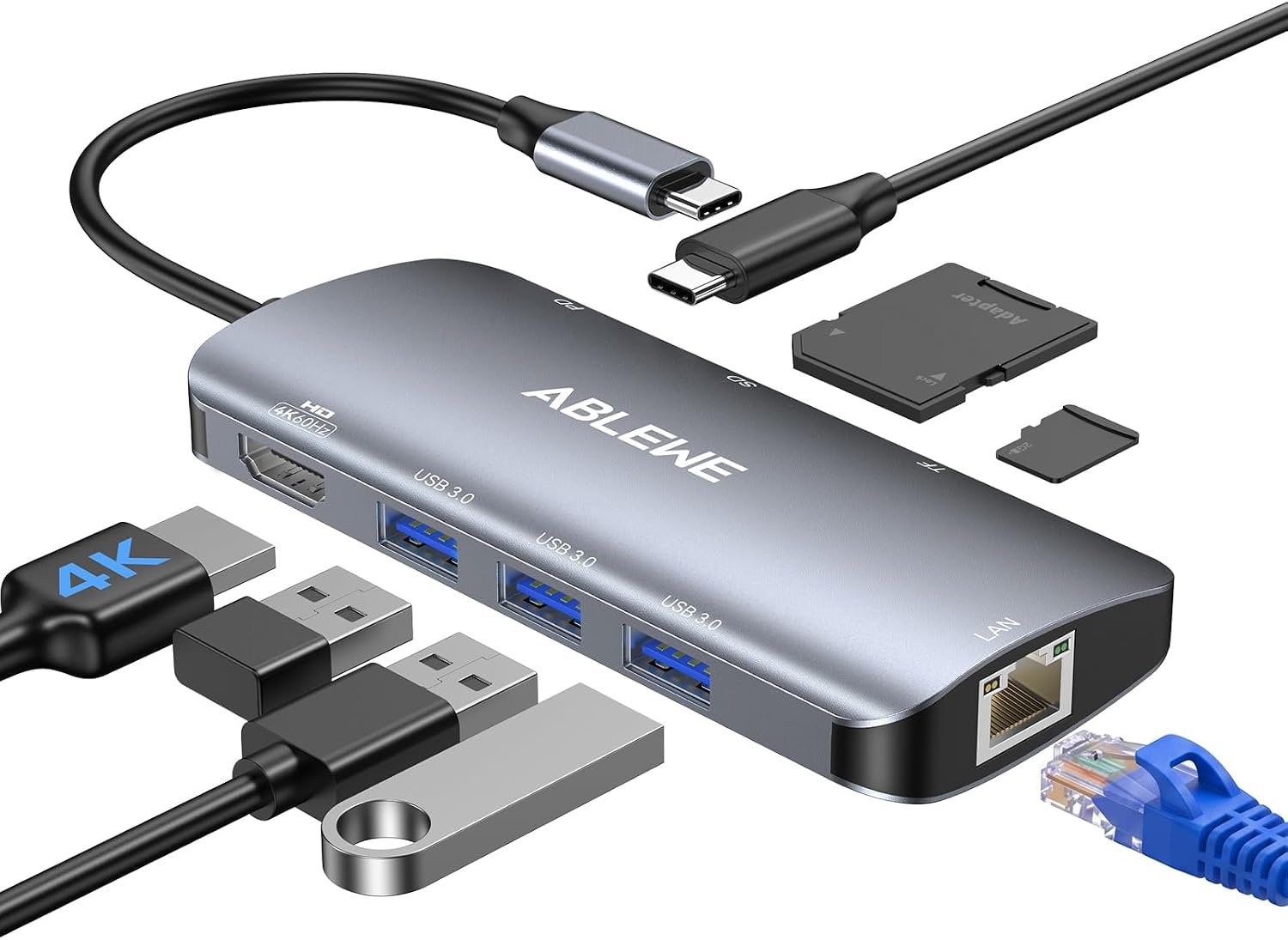 ABLEWE USB C Hub Ethernet 8-in-1, Multiport USB C to HDMI Hub, 4K@60Hz,1000Mbps, 100W PD, 3 USB 3.0 Ports, Docking Station Compatible with MacBook Pro/Air, Tablet, Phone, Type C De