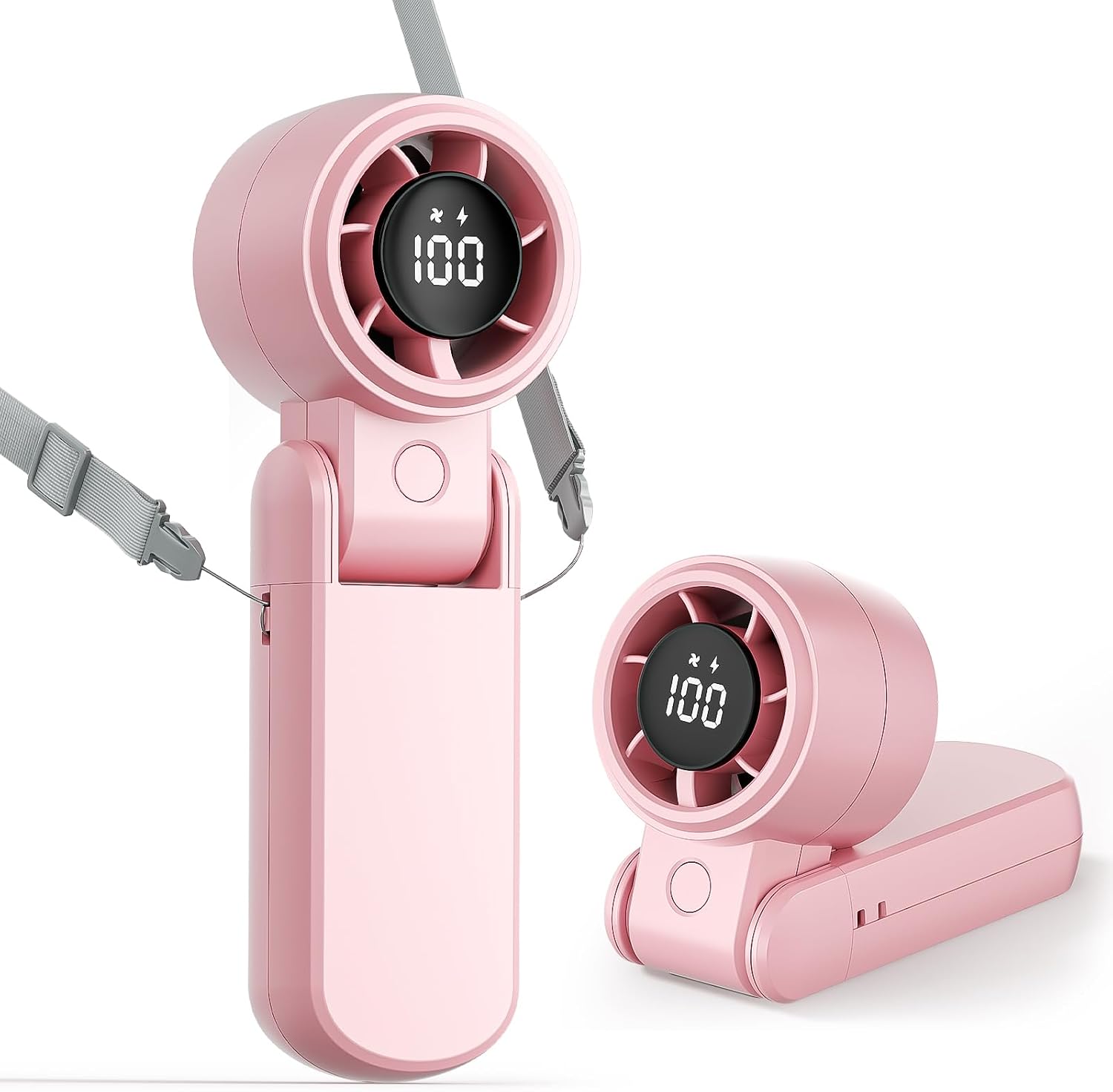 TriPole Portable Handheld Turbo Fan 3-IN-1 Rechargeable Mini Fan, Foldable Neck & Desk Fan with Digital Display, High Speed Personal Cooling Fans for Outdoor, Travel, Camping (Pink
