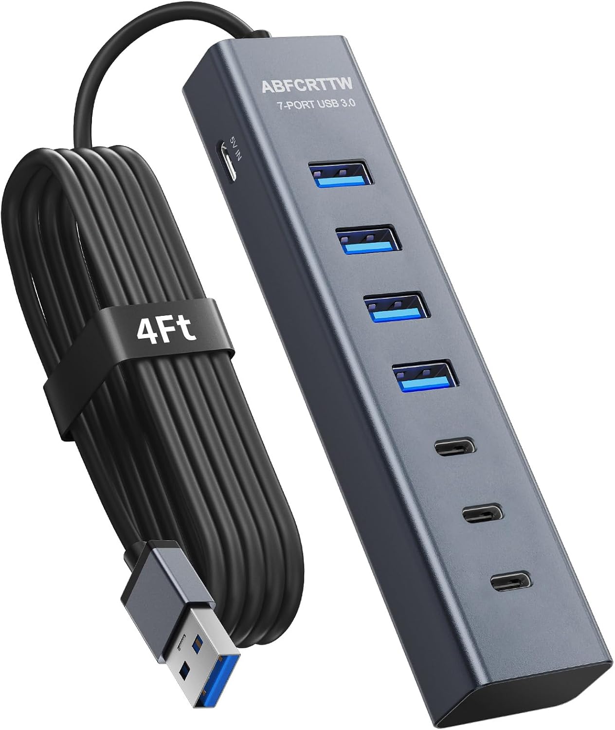 4Ft 7-Port USB Hub 3.0 for Desktop, 4 USB-A & 3 USB-C Ports Aluminium 5Gbps USB Extender Hub, USB Splitter, USB Hub Long Cable for Desktop, PC, Flash Drive, Mobile HDD SSD, Windows