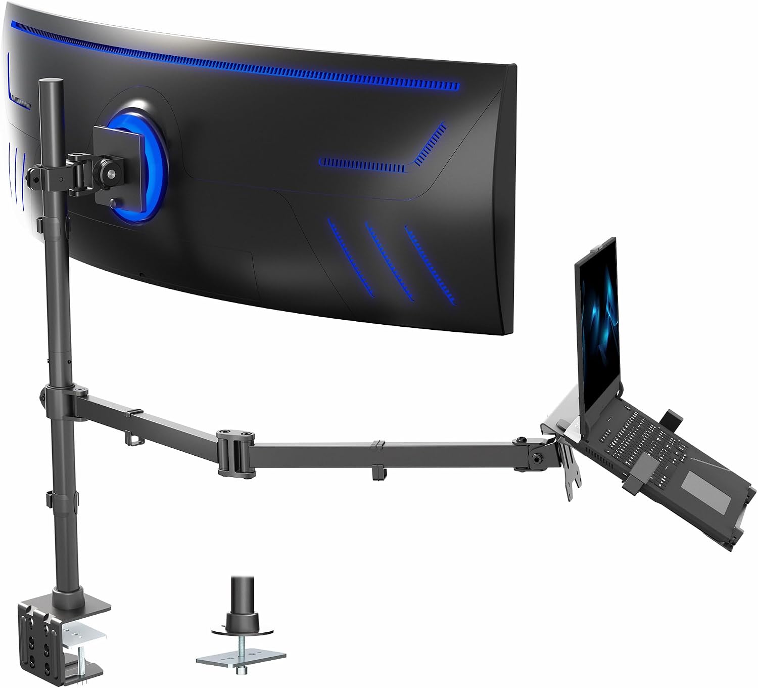 VIVO Ultrawide Monitor + Laptop Mount for up to 49 inch Screens and 10 to 15.6 inch Laptops, Double Screen Viewing, Smooth Articulation, Black, STAND-V113L