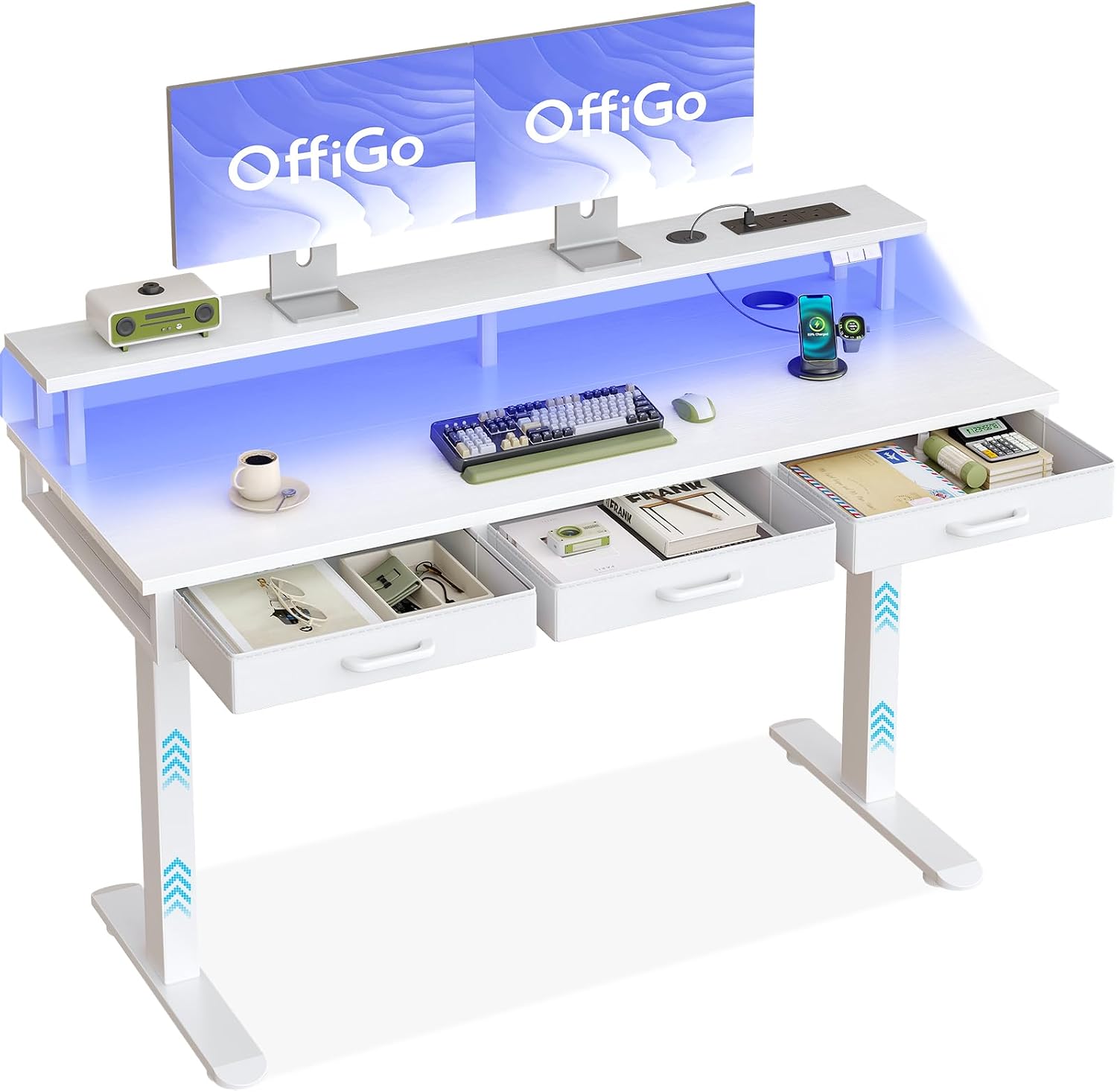 ODK 48inch Electric Standing Desk, Height Adjustable Sit to Stand Desk with LED Lights, Sit Stand Computer Home Office Desk with 3 Storage Drawers, Button Controller(White,120 x 54