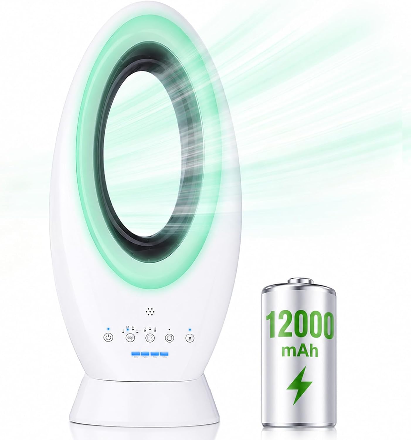 Bladeless Tower Fan with Lights, 12000mAh Rechargeable Battery Operated Fan with 45° Auto Oscillation, 4 Speeds, Timer, Turbo Mode, 5 Color Lights, Cooling Fan for Office Home