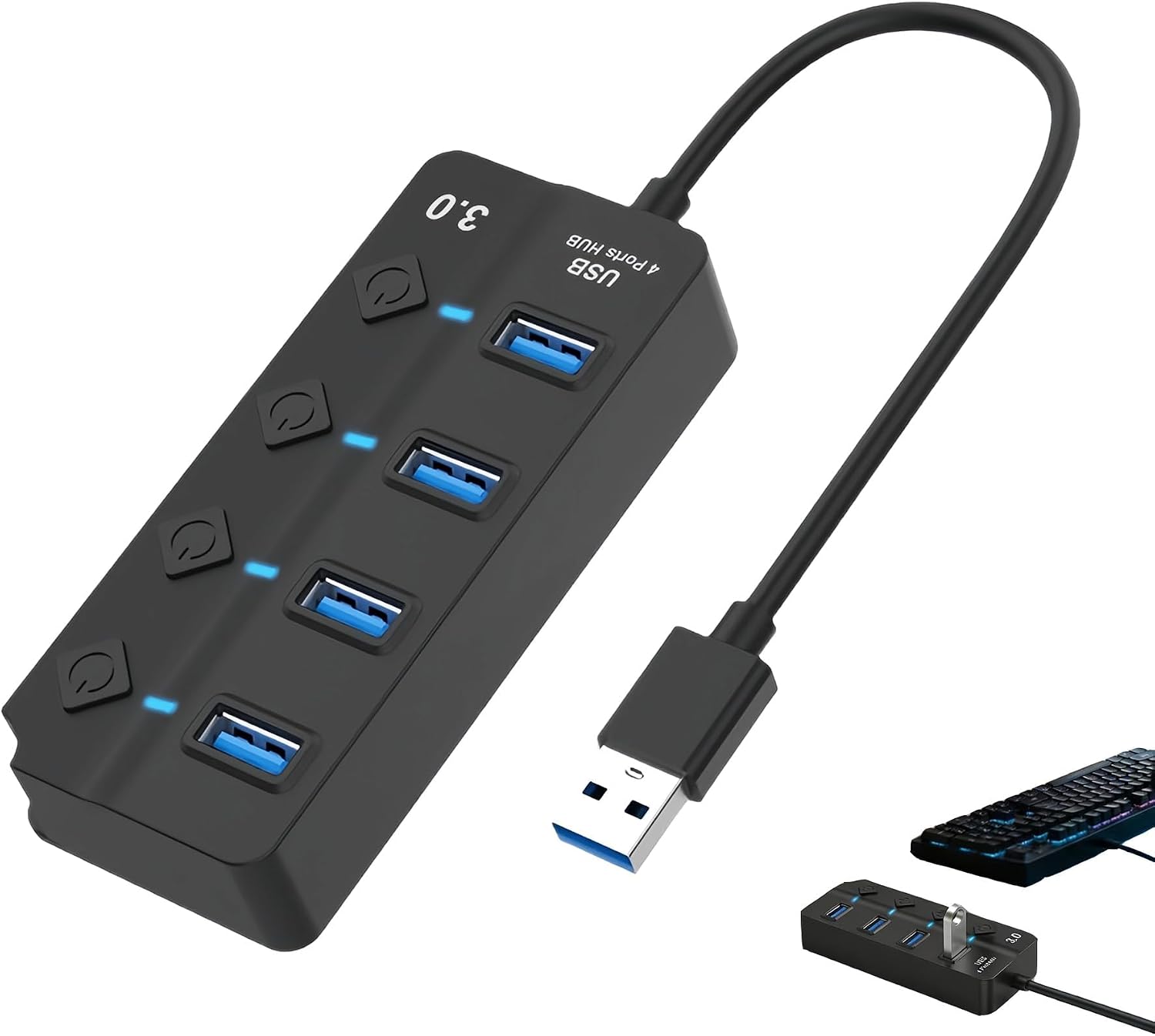 4-Port USB 3.0 Hub with Individual LED Power Switches, High-Speed 5Gbps Data Transfer, Compact Portable Design, 2-Foot Cable for Convenient Connectivity, Compatible with Mac, PC, a