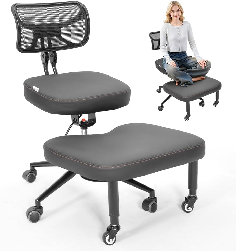 Cross Legged Office Chair Height Adjustable with Backrest, 360° Rotating Footrest, Wheels, Steel Frame, High-Resilience Foam, Black, 15 kg