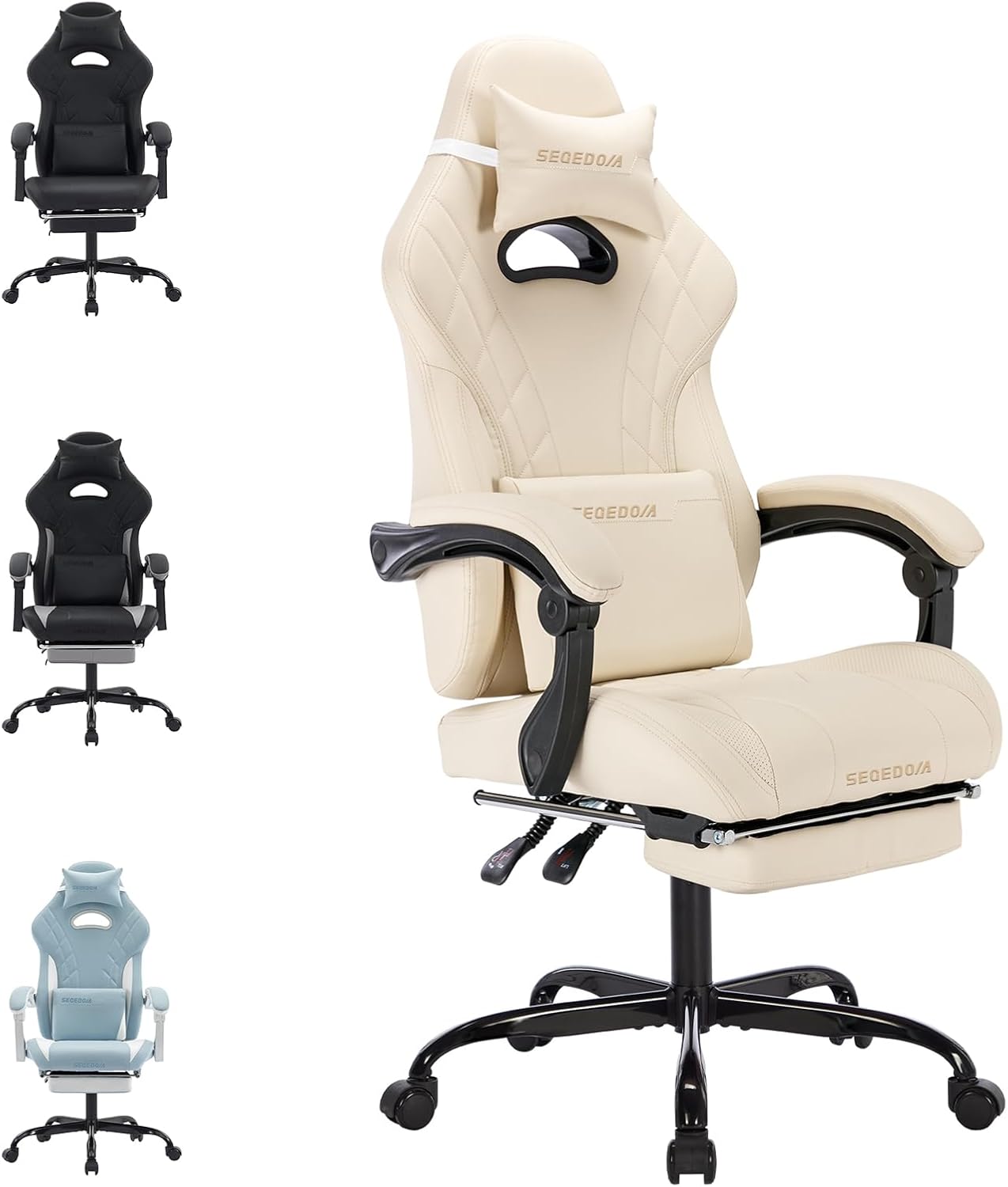 Gaming Chair with Footrest High Back Game Chair Ergonomic Office Chair with Adjustable Headrest Lumbar Pillow Linkage Armrests High Back PVC Leather Computer Video Recliner Chair(B