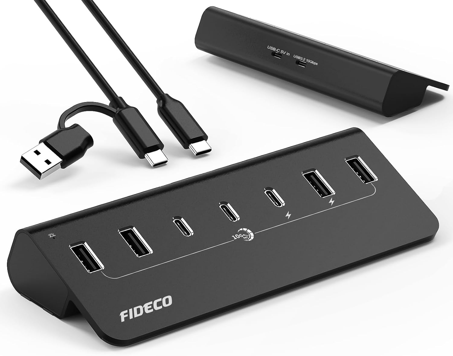 FIDECO Powered USB Hub, 7 Port USB 3.2 Gen 2, 10Gbps Fast Data Hub for iPhone 16/15 and Laptop, Aluminum USB Splitter with 5V 3A Power Adapter, 4 USB-A and 3 USB-C Ports, Support B