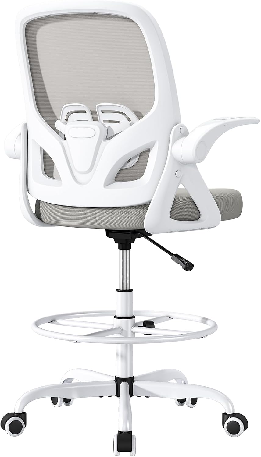ORRSAKER Drafting Chair, Tall Office Chair with Flip-up Arms, Mesh Ergonomic Computer Standing Desk Chair with Adjustable Height Foot Ring and Lumbar Support, 300 LBS Capacity, Gra