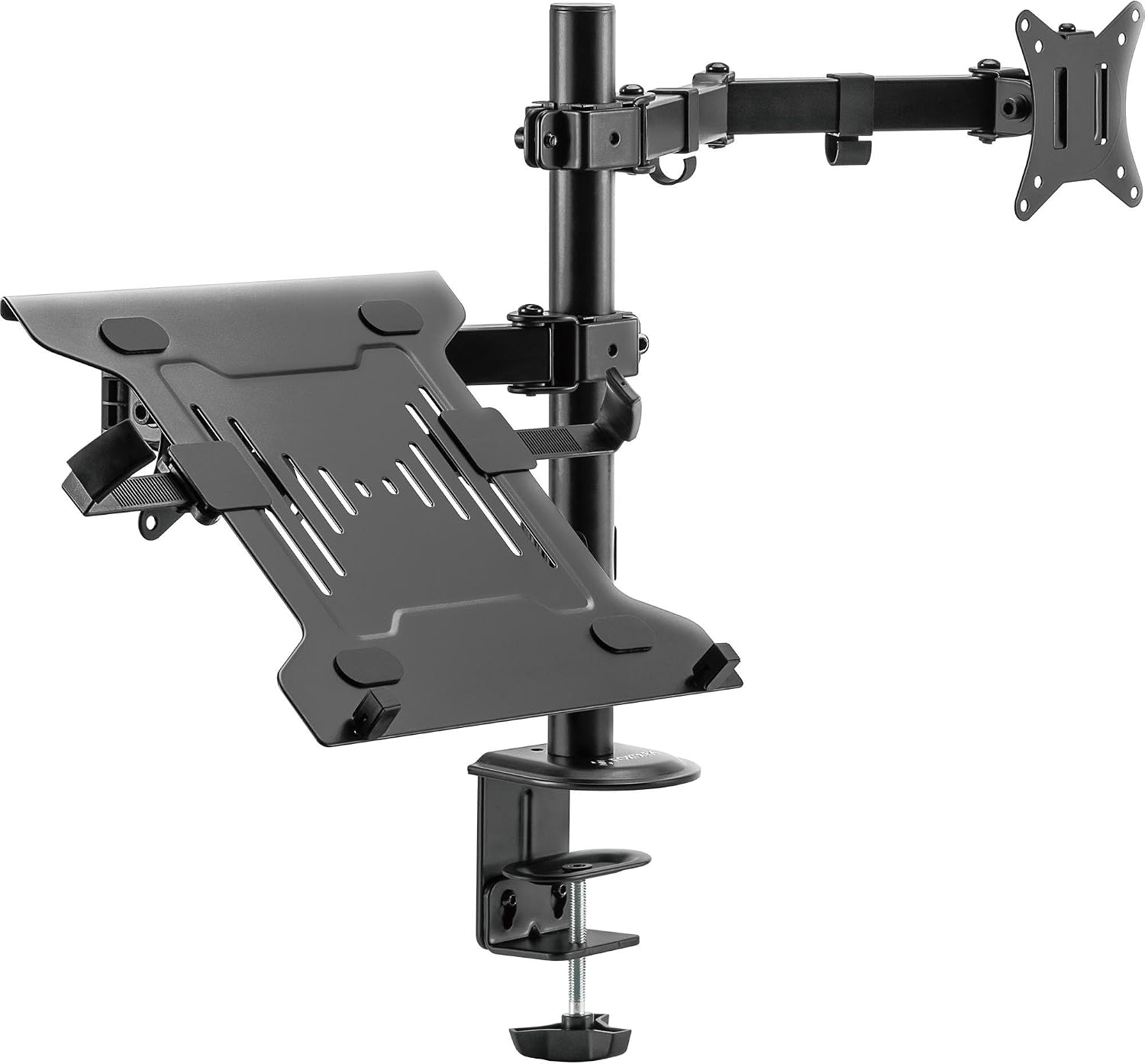 Fortrek Dual Monitor Arm with Laptop Tray, Desk Mount with Notebook Stand, Adjustable Vesa for 17 to 32 Inch Computer Screen, 10 to 15 Inch Laptop