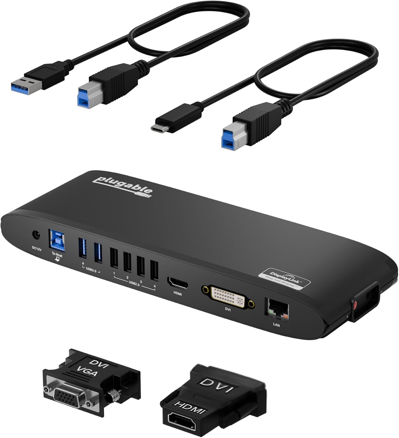 Plugable USB 3.0 Universal Laptop Docking Station for Windows and Mac (Dual Monitor: HDMI and DVI/HDMI/VGA, Gigabit Ethernet, Audio, 6 USB Ports) - Horizontal