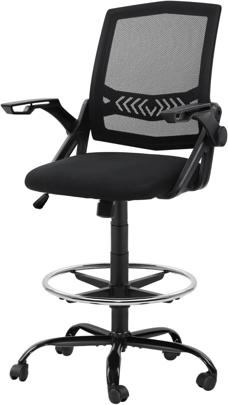 Artiss Ergonomic Office Chair Drafting Stool Mesh Back Flip-Up Arms Black