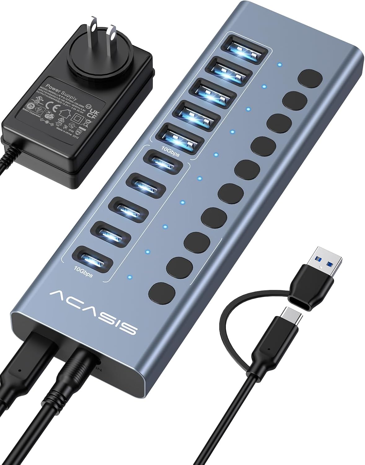 ACASIS 10 Ports Powered USB 3.2 Hub (5 USB-A 3.2 +5 USB-C 3.2), 10Gbps