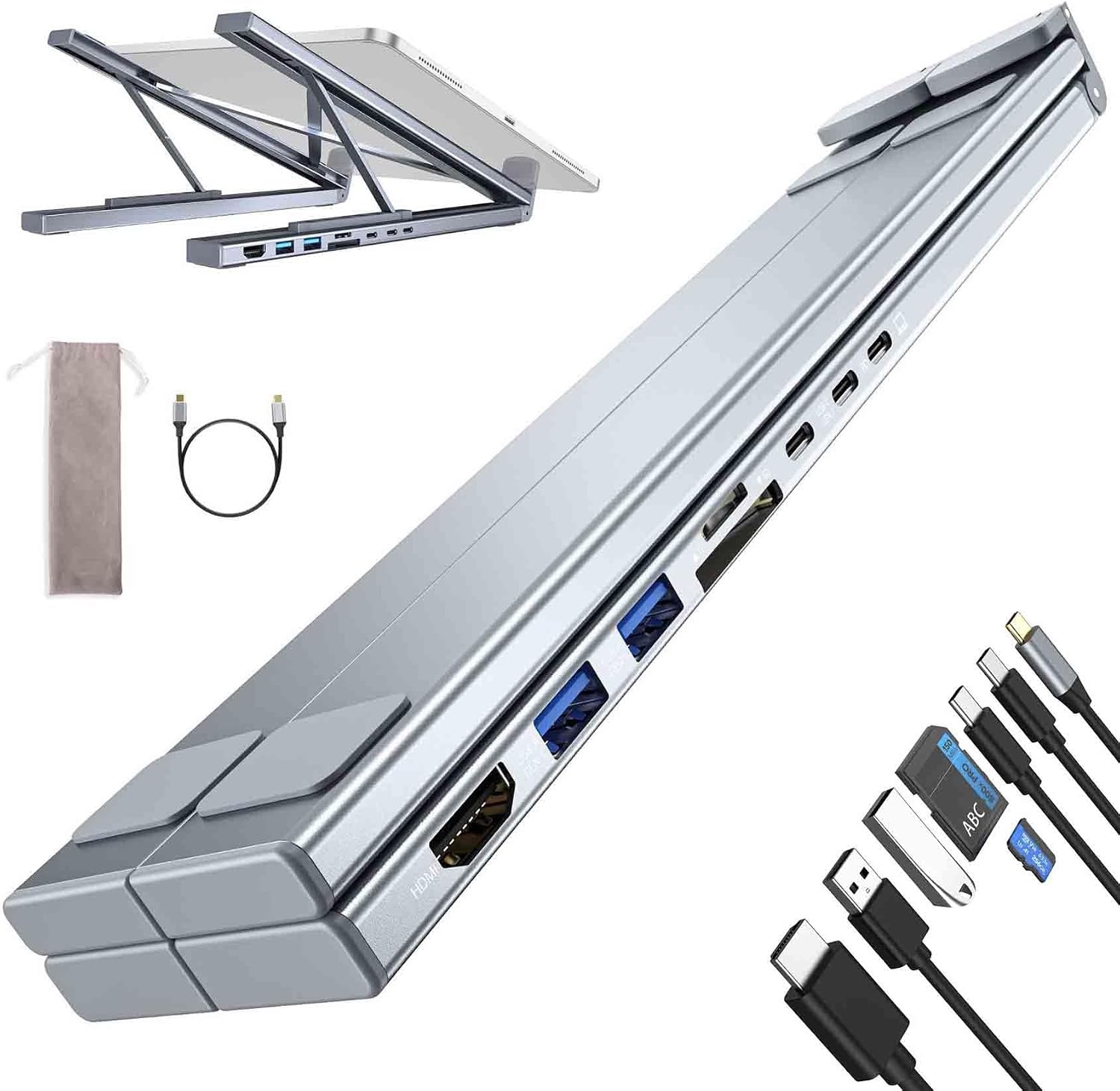 8-in-1 USB-C Docking Station Laptop Stand with 4K HDMI, Adjustable Aluminum Laptop Riser,Dual Monitor,USB 3.0 Ports,PD 100W Charging, Foldable Portable Holder for MacBook Air Pro,D
