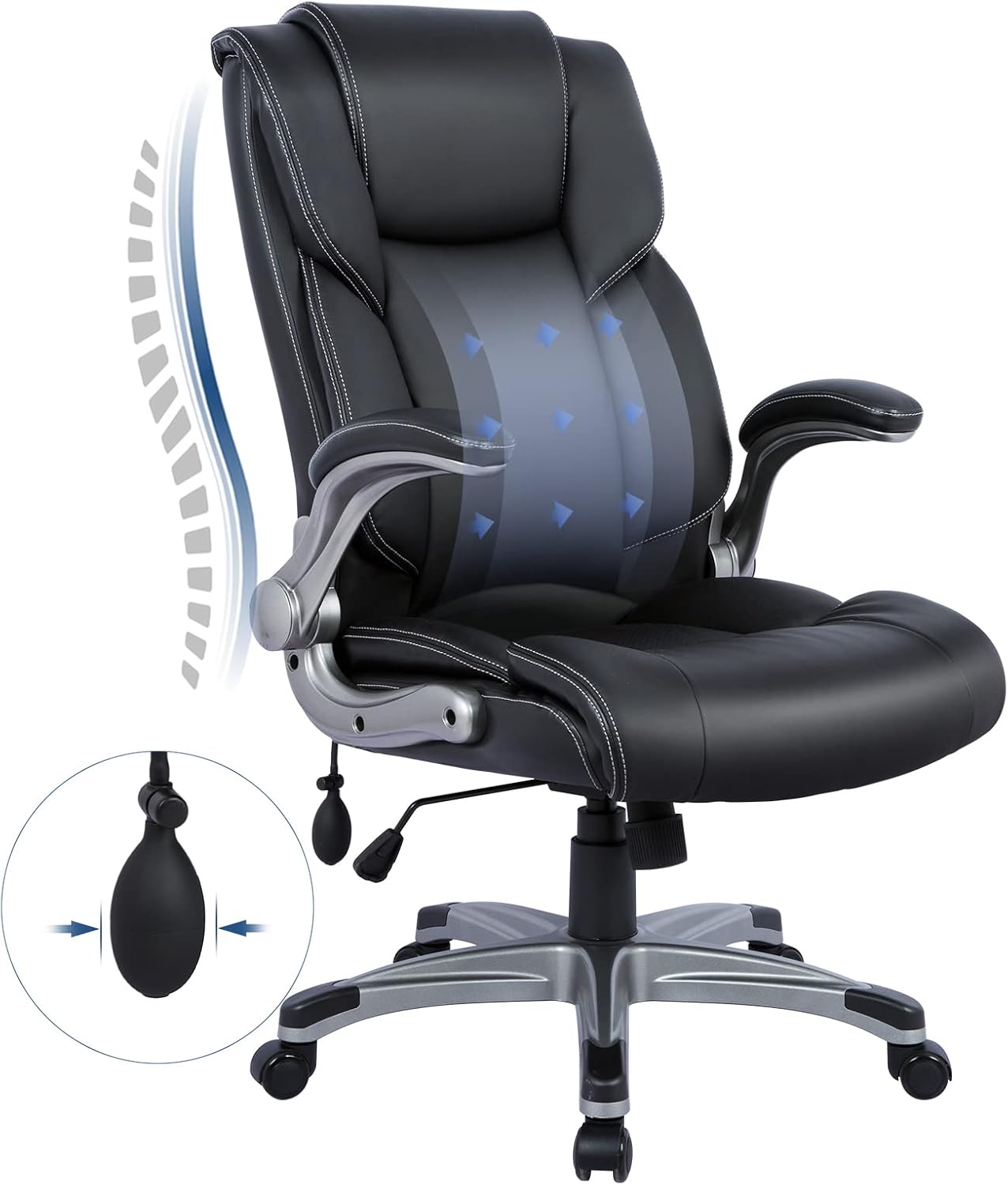 COLAMY Big and Tall Office Chair, Ergonomic Executive Office Chair, with Padded Flip-up Arms Lumber Support,PU Leather Gaming Chair with Adjustable Tilt Lock, Height Adjustable(Bla