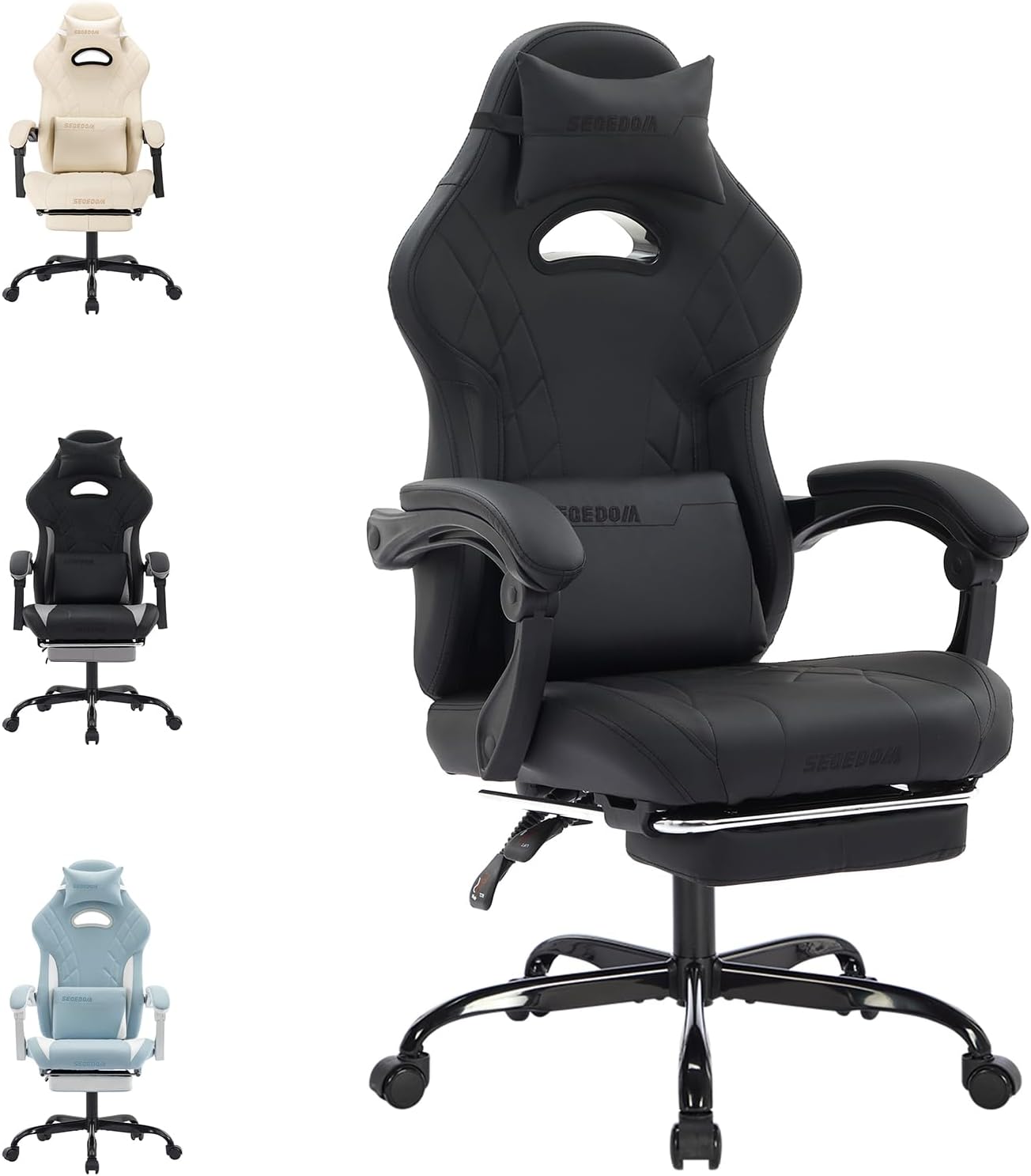 Gaming Chair with Footrest High Back Game Chair Ergonomic Office Chair with Adjustable Headrest Lumbar Pillow Linkage Armrests High Back PVC Leather Computer Video Recliner Chair(B