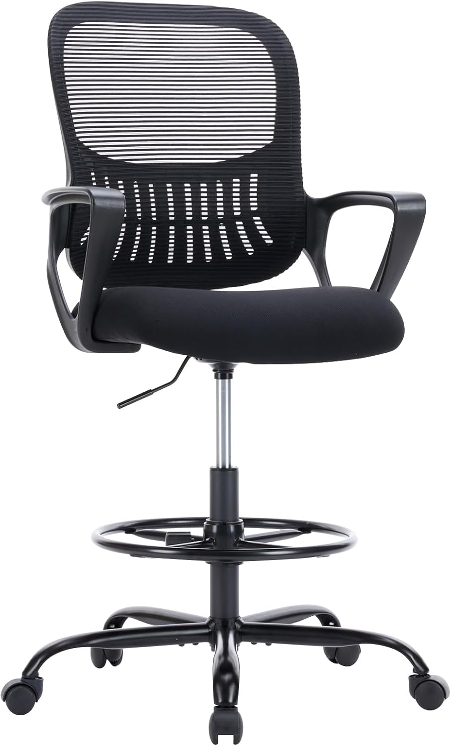 Sweetcrispy Home Office Drafting Desk Chair - Ergonomic High Stool Computer with Adjustable Height and Comfy Lumbar Support, Tall Rolling Task for Standing Desk with Fixed Arm and