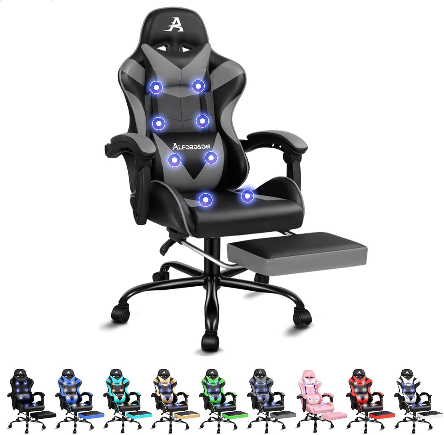 ALFORDSON Gaming Chair with 8 Points Massage and Recline, Ergonomic Executive Office Chair PU Leather with Footrest, Height Adjustable Racing Chair, 180kg Capacity (Eryx Grey)