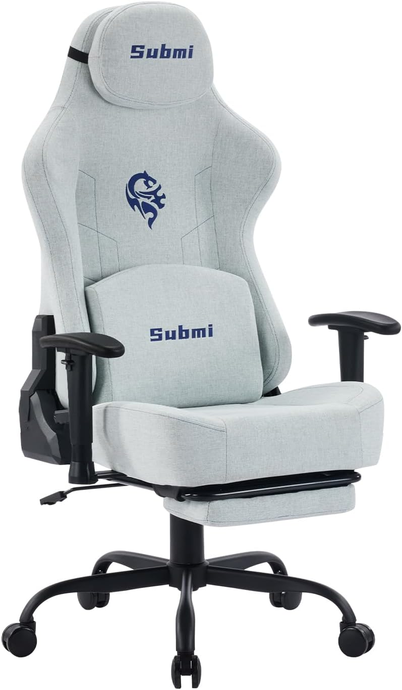 Computer Chair, Ergonomic Gaming Chairs for Adults, Fabric Office Chair with Footrest and Lumbar Support, High Back PC Chair, Comfy, Heavy Duty, Recliner, 150KG, Cross Chair, Light