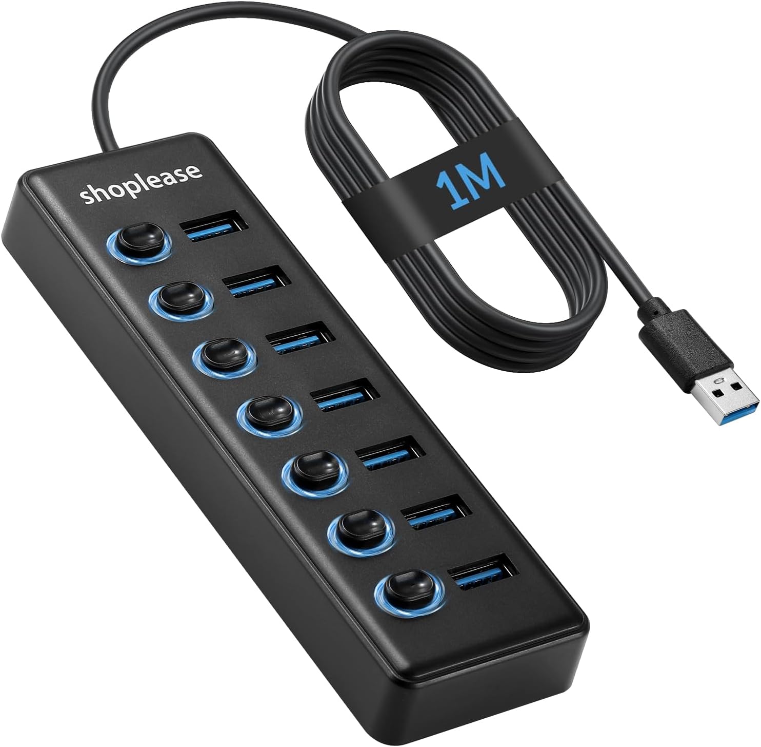 USB 3.0 SuperSpeed Hub with 1M Line, 7 Ports Splitter with Individual Power Switches and LED Light