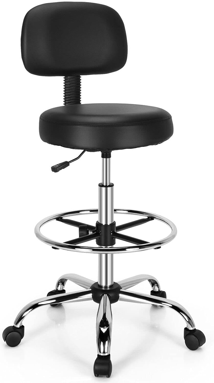 Giantex Ergonomic Drafting Chair 150 kg w/Backrest, Faux Leather Upholstered Rolling Stool w/Retractable Mid Back & Adjustable Foot Ring, Height Adjustable Swivel Task Chair for Ho