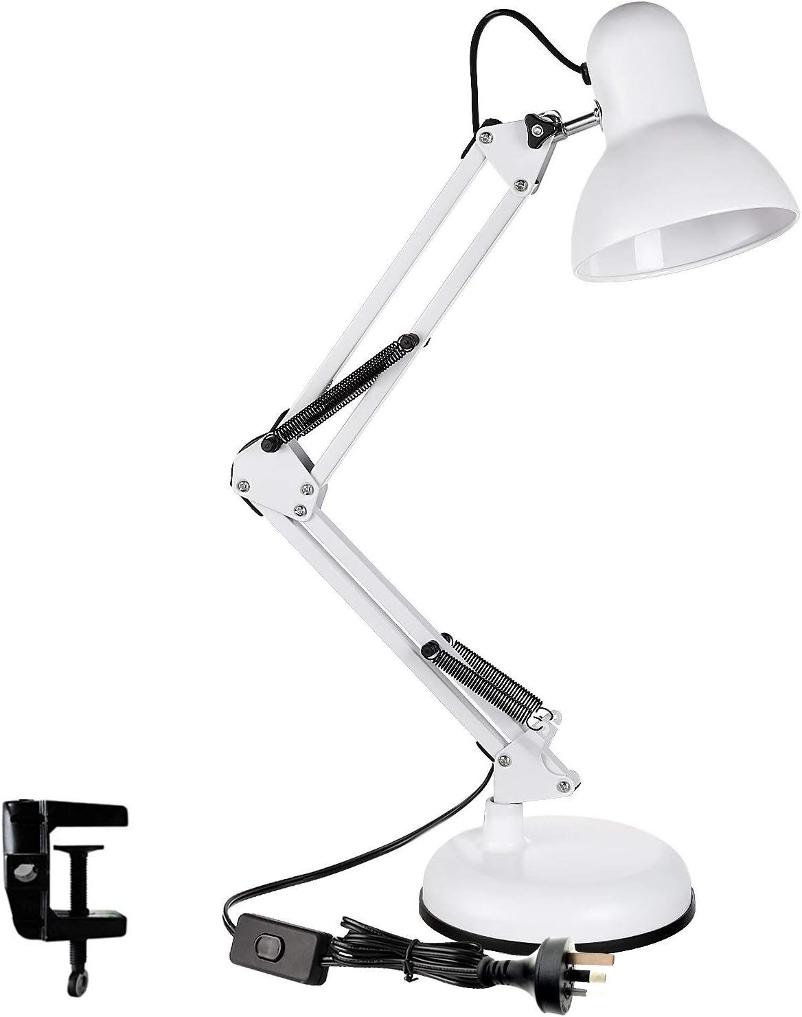 ZeroPlusOne® Swing Arm Desk Lamp, E27 Bulb Socket, Flexible Clamp on Table Lamps, White Painted Classical Bedside Lamp for Reading, Working, Studying (AU Plug)