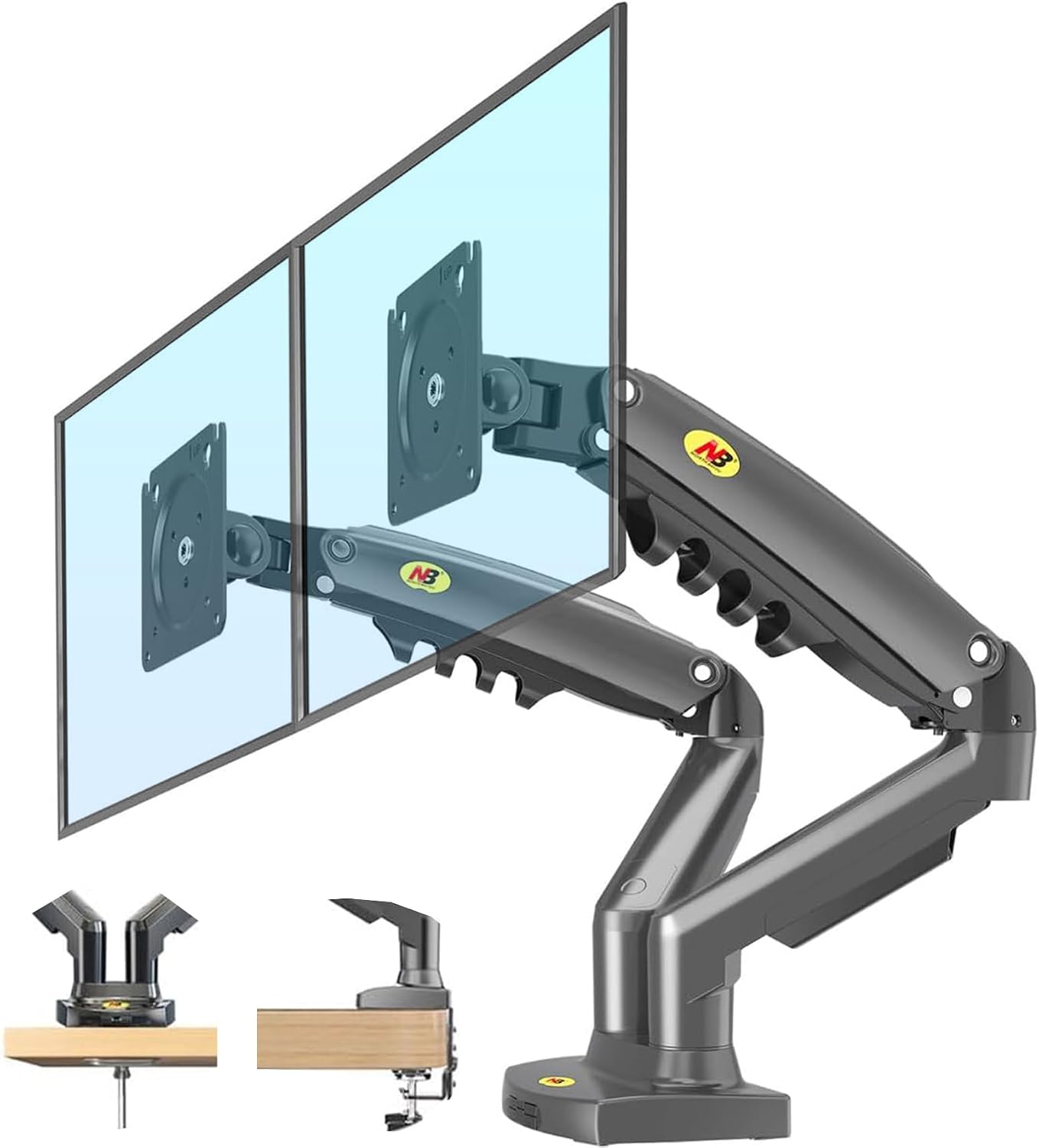 NB North Bayou Dual Monitor Arms Stand Full Motion Desk Mount Adjustable with Gas Spring for Two Computer Monitors 17"-30" LED LCD Flat Panel TVs from 2kg to 9kg Per arm Gunmetal G