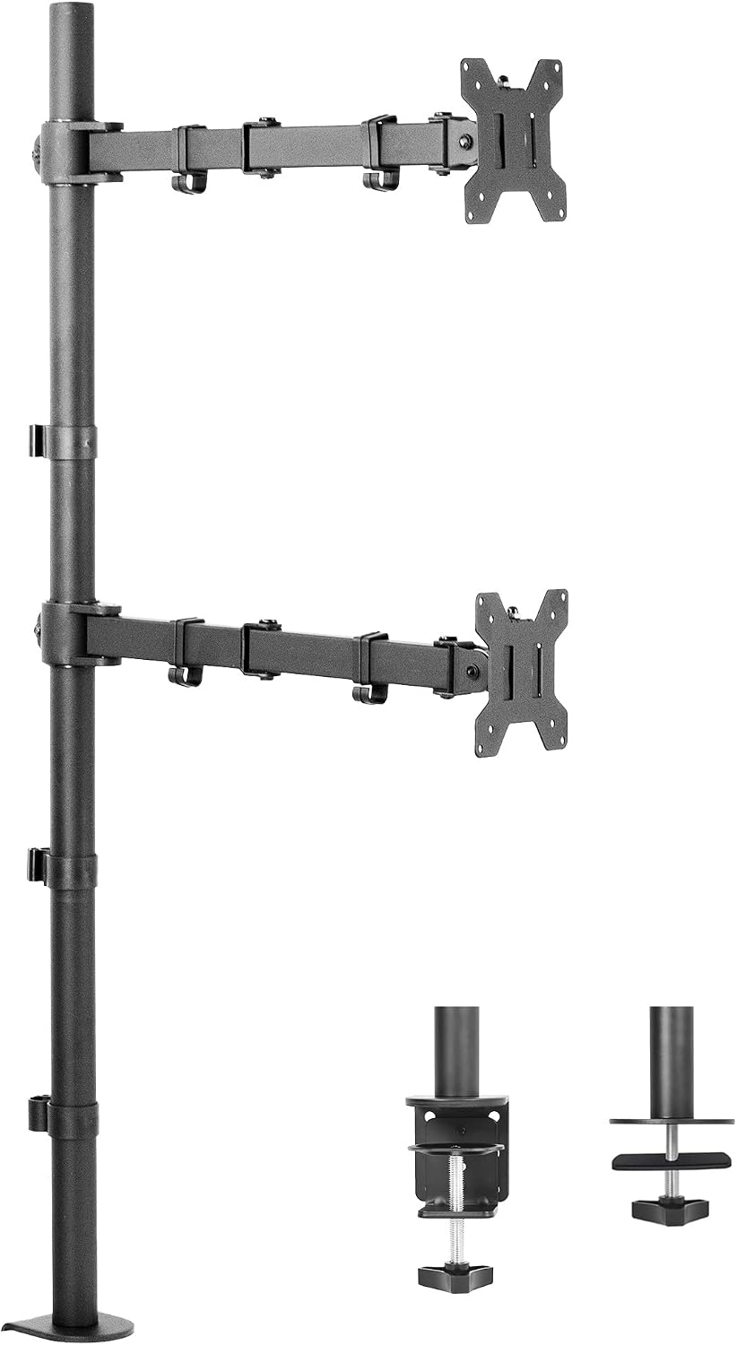 VIVO Extra Tall Vertically Stacked Dual Monitor Desk Mount Stand with 39 inch Stand-up Pole | Fully Adjustable Extended Arms, Fits 2 Screens up to 27 inches (STAND-V012T)