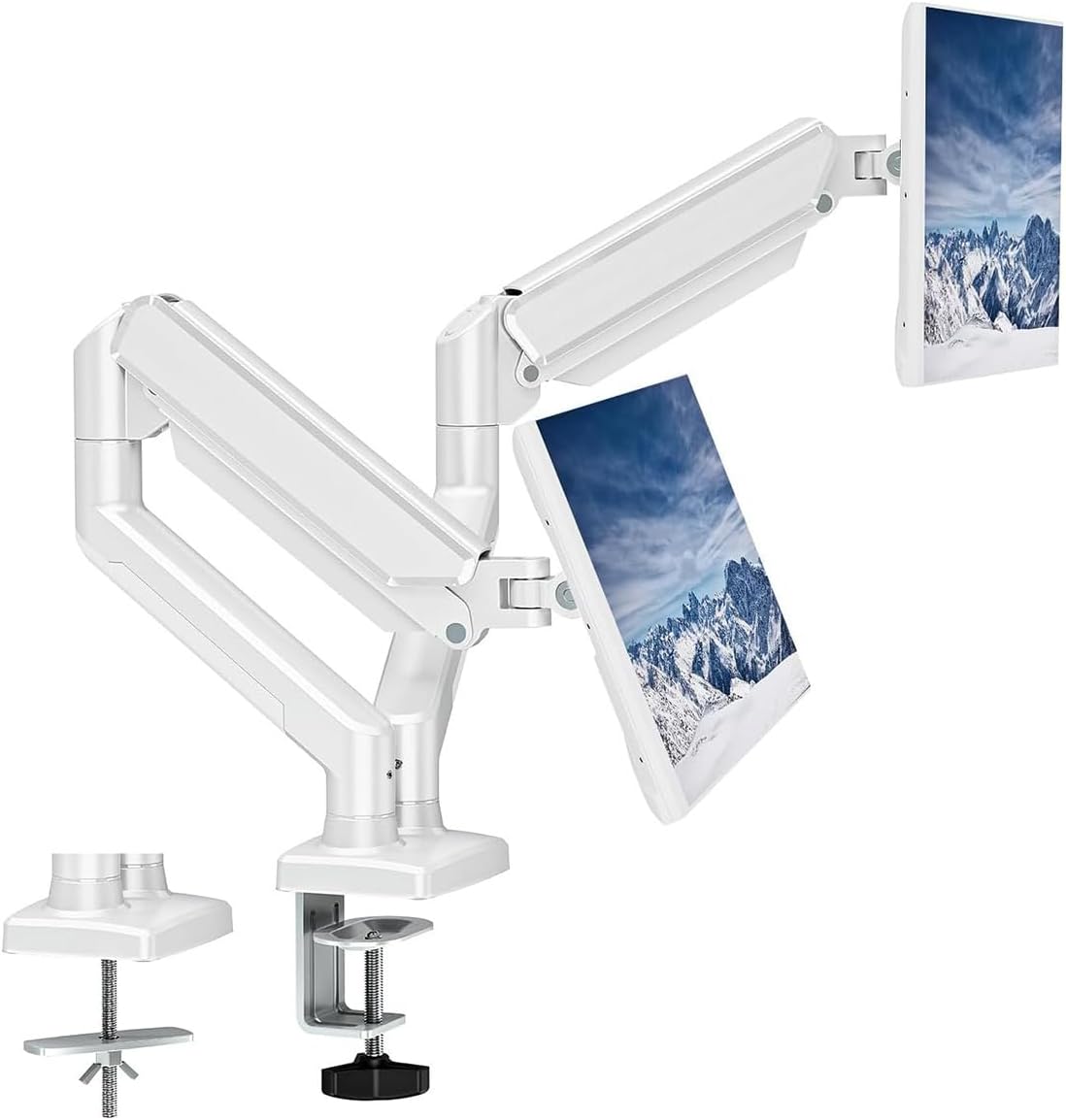 Dual Monitor Arm - Adjustable Desk Mount for 13-32" Screens (4.4-17.6 lbs) | VESA 75x75/100x100 | C-Clamp & Grommet Dual Installation | Space-Saving Ergonomic Design. (White)