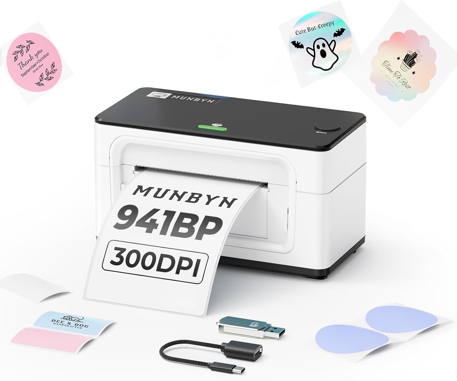 MUNBYN Bluetooth Thermal Shipping Label Printer, 300 DPI, 4x6, White, 941BP