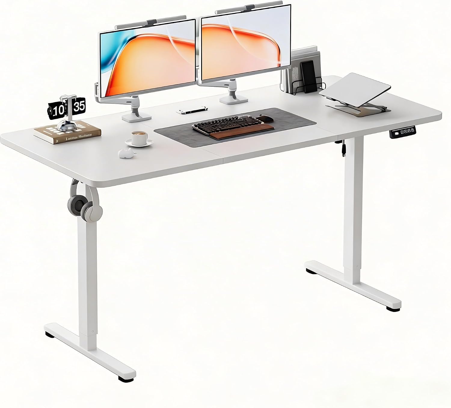 LUNOVA Electric Standing Desk 140cm,Height Adjustable Sit Stand,140x60cm Large Home Office Workstation,with Splice Board and Hooks,White
