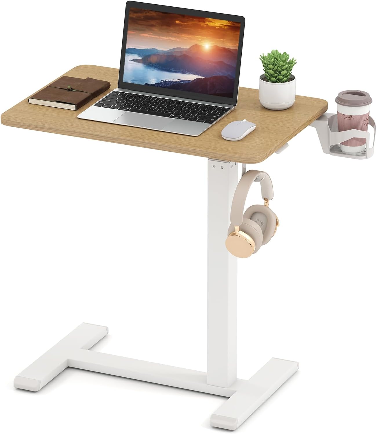 Giantex Mobile Standing Desk, Height Adjustable Overbed Bedside Table w/Cup Holder, Pneumatic Rolling Laptop Desk w/Hidden Wheels, Sofa Side Table for Living Room Bedroom Study (Na