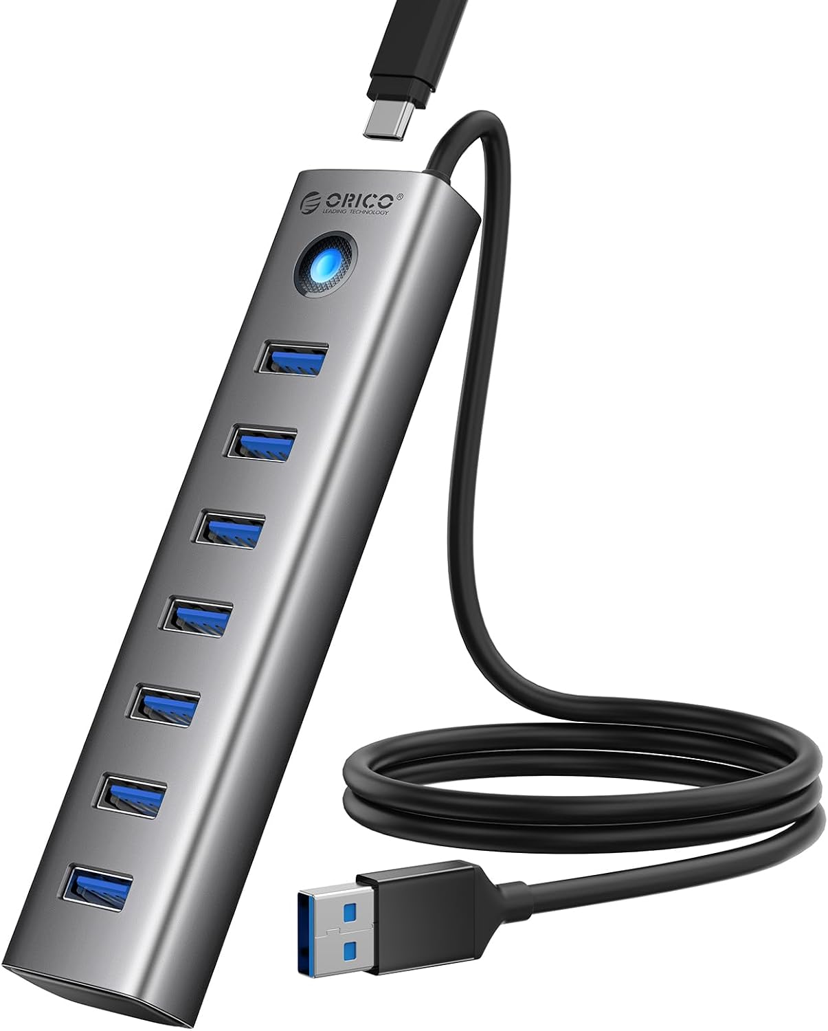 ORICO 7-Port USB 3.0 Hub, Aluminium Multiport Adapter with 100 cm Cable, 5Gbps Data Transfer, 5V 3A Type-C Port, Splitter for PC, Laptop, MacBook, PS4, Surface Pro, Mobile HDD