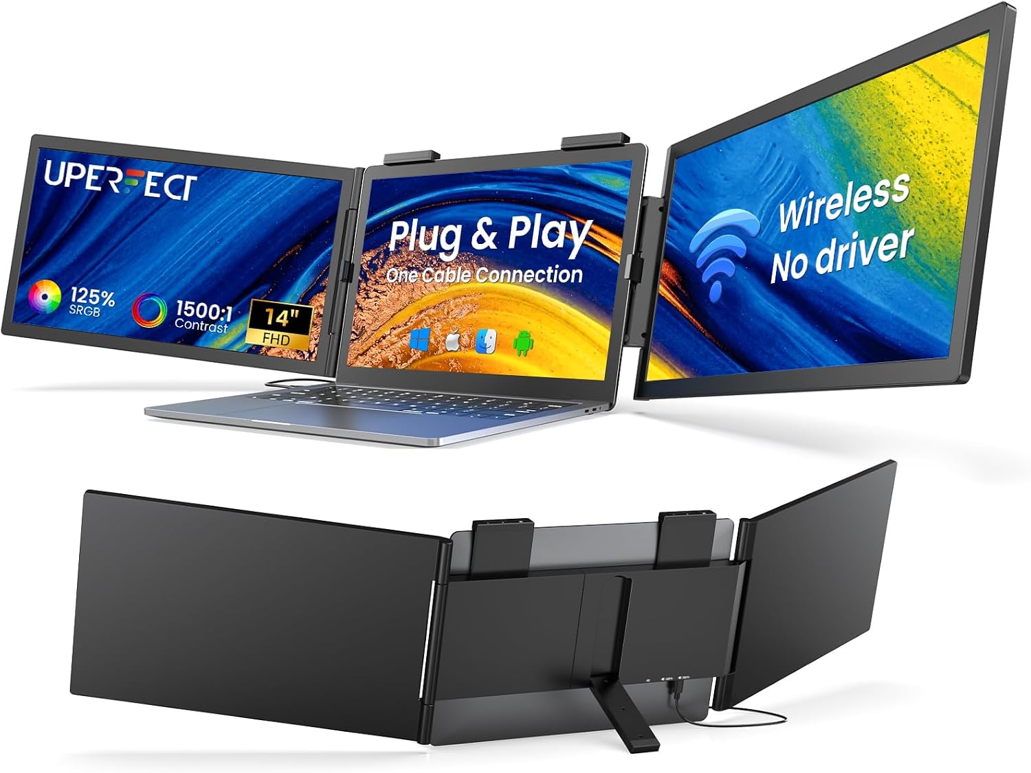 UPERFECT Portable Dual Monitor, 14" FHD 360° Patented Unique Swivel Hinge