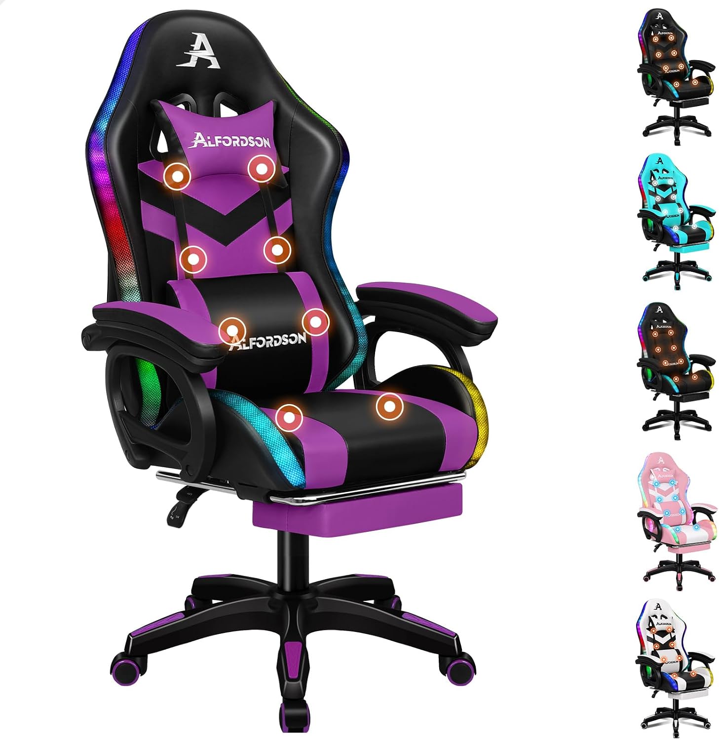 ALFORDSON Gaming Office Chair with 12 RGB LED Lights & 8 Point Massage, Racing Computer Chair with Lumbar Support & Retractable Footrest, Ergonomic Desk Chair PU Leather Office Gam